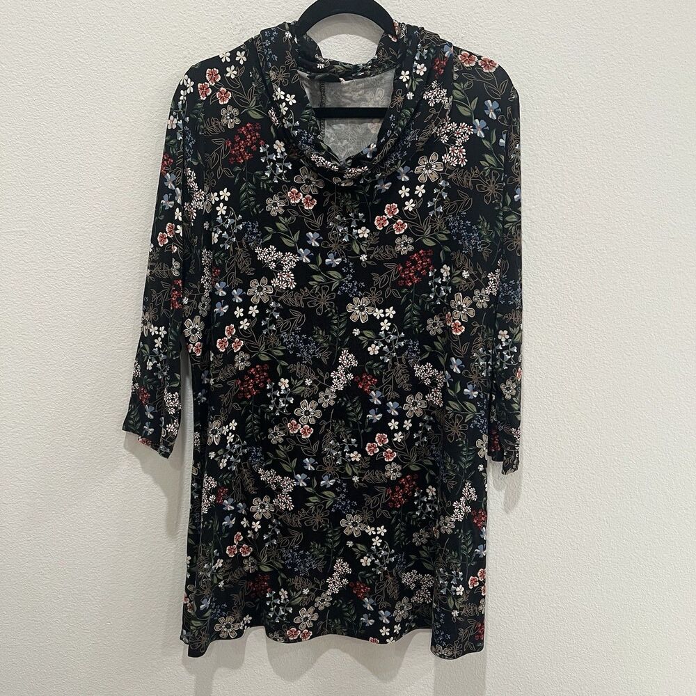 J Jill Wearever Womens Black Floral Cowl Neck Tunic 3/4 Sleeve XL